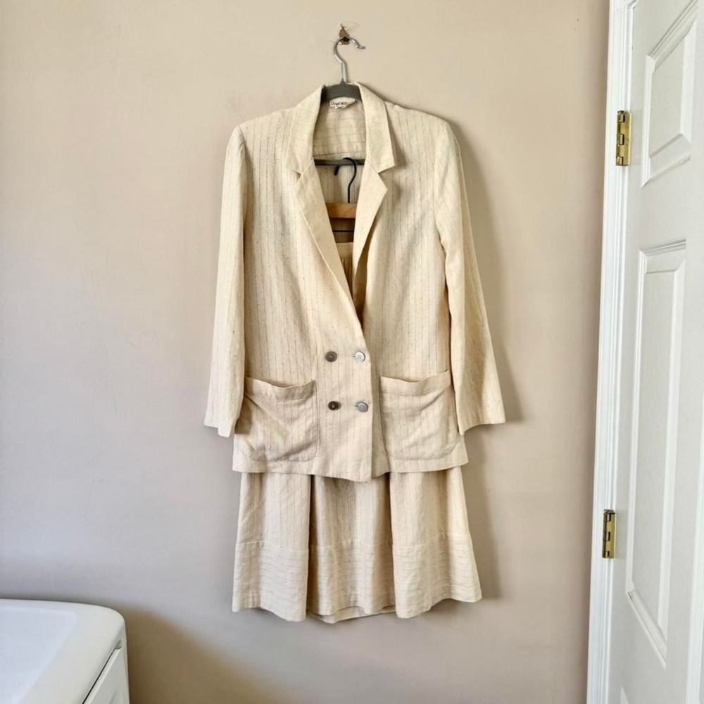 Vintage cream raw silk skirt set suit pinstripe white